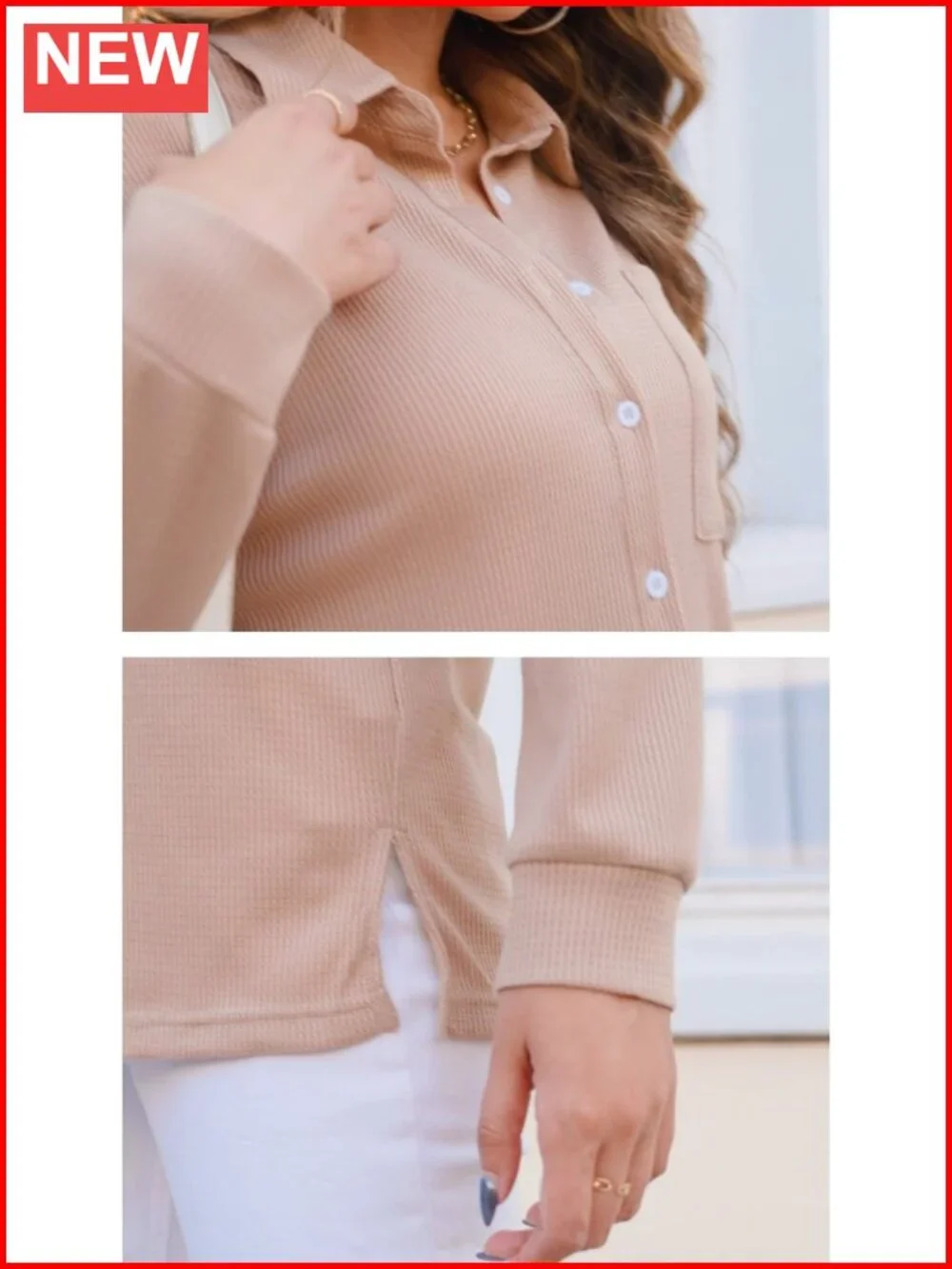 Waffle Knit Button Down Shirt Long Sleeve Loose Fit Collared Blouse
